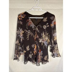 Vintage Boho Anne Carson Brown Floral Silk Shirt With Bell Sleeves - Size L
